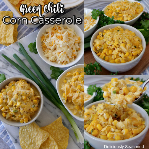 3 photo collage with green chili corn casserole in white bowls with one of the photos showing a spoonful of corn casserole. These is also green onions and a few tortilla chips in one of the photos.