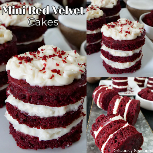 A 3 photo collage of mini red velvet cakes frosted with cream cheese frosting.