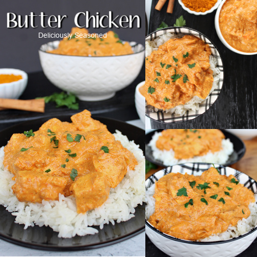 A collage of 3 pictures of Butter Chicken with cinnamon sticks and cilantro in the background and the title in the top left corner.