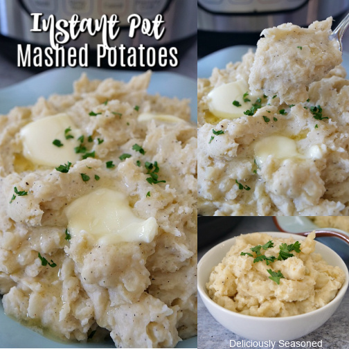 A 3 collage photo of mashed potatoes in a light blue bowl topped with butter and parsley flakes.