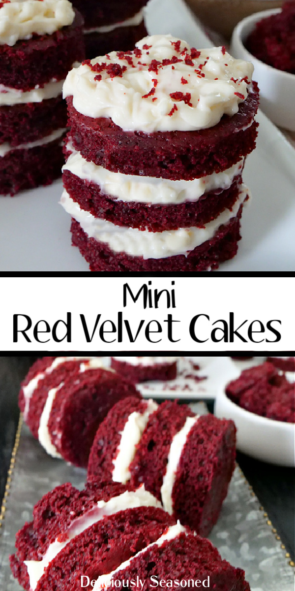 A two photo collage with the title in the middle of the photo. The top photo is a close up of a three layer mini red velvet cake and the bottom photo is the cakes laying on a silver platter.