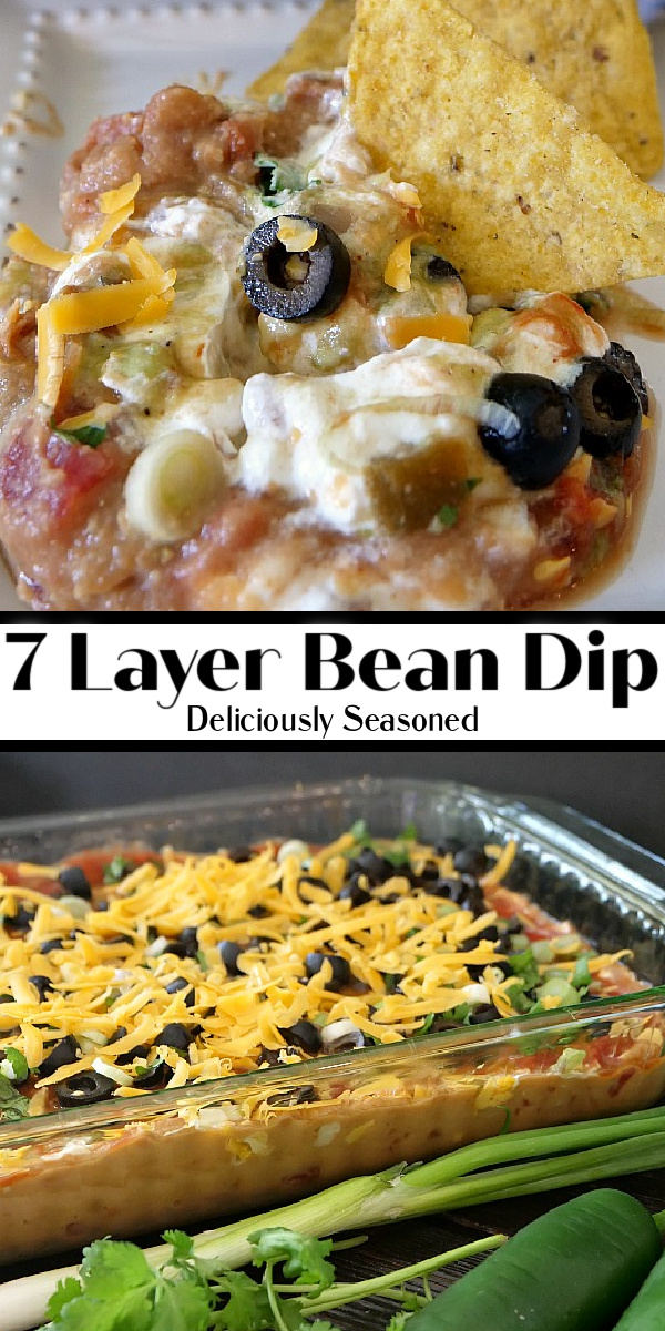 A 2 photo collage with 7 layer bean dip in a glass pan and a serving of 7 layer bean dip on a white square plate with a chip in the middle of it.