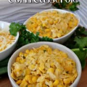 Bowls of green chili corn casserole on a table.