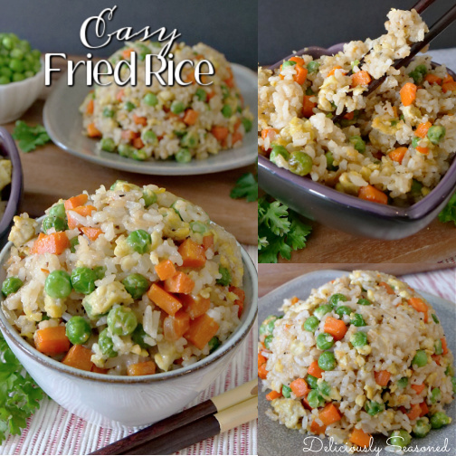 A 3 photo collage of easy fried rice in small bowls, including eggs, peas, and carrots mixed in. 