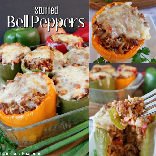 A 3 photo collage of stuffed bell peppers in a casserole dish, all topped with melted cheese, and one of the photos is a white plate with a stuffed bell pepper on it and a bite taken out.