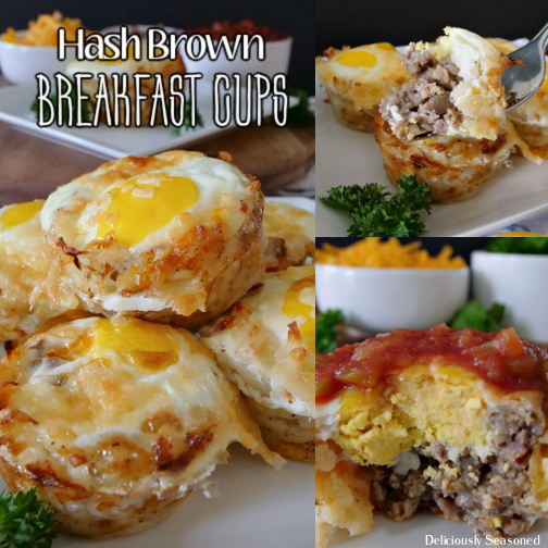A 3 photo collage of hash brown breakfast cups with breakfast cups stacked on a white plate, a bite on a fork, and a breakfast cup with picante sauce on top and a white bowl in the background full of cheddar cheese. 