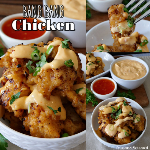 A 3 photo collage of bang bang chicken in a white bowl with a sriracha sauce and green onions on top and a white bowl of sweet chili sauce and sriracha sauce in the background, a picture of bang bang chicken on a fork, and an overhead picture of bang bang chicken in a white bowl with the 2 sauces in a bowl in the background.