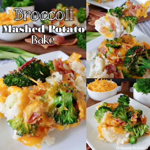 A 3 photo collage of broccoli mashed potato bake on a white plate with melted cheddar cheese on top, green onions and bacon, and a small white bowl of cheddar cheese  in the background.