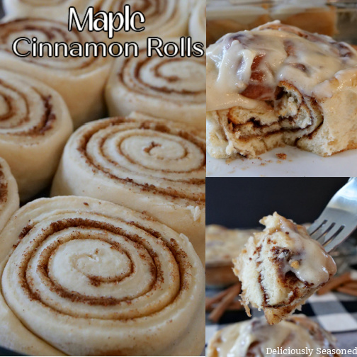 A 3 photo collage of a pic of the raw cinnamon rolls in a baking pan before being cooked, another pic of a cinnamon roll with a bite taken out of it, and a picture of a bite of cinnamon roll on a fork. 