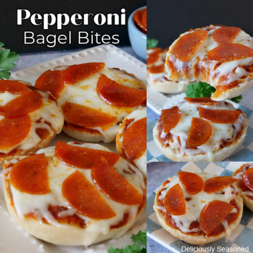 A 3 photo collage of pepperoni bagel bites.