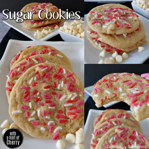 A 3 photo collage of sugar cookies sitting on a white plate with some white chocolate chips scattered on the plate and one pic has a small white bowl of white chocolate chips in the background.