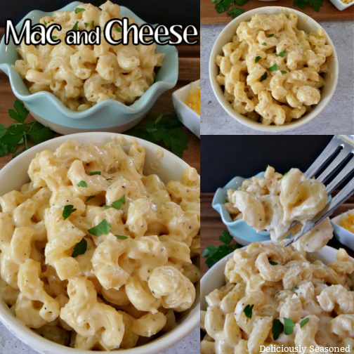 A 3 collage photo of homemade macaroni and cheese both in a white bowl and in a teal bowl.