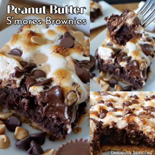 A 3 collage photo of peanut butter s'mores brownies on a white plate showing the different angles of this dessert.