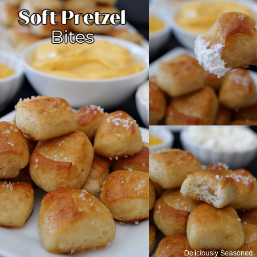 A collage of three pictures of Soft Pretzels Bites with mustard, nacho cheese, and cream cheese in the background and the title in the top left corner.