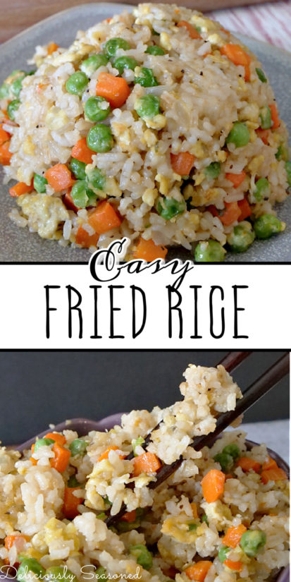A 2 photo collage  of easy fried rice that has white rice, egg, peas, and carrots.