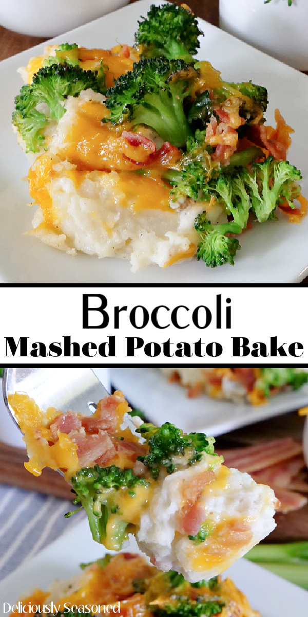 A double photo collage of broccoli mashed potato bake with a bite on a fork and another pic of a white plate with broccoli mashed potato bake on a white plate. 
