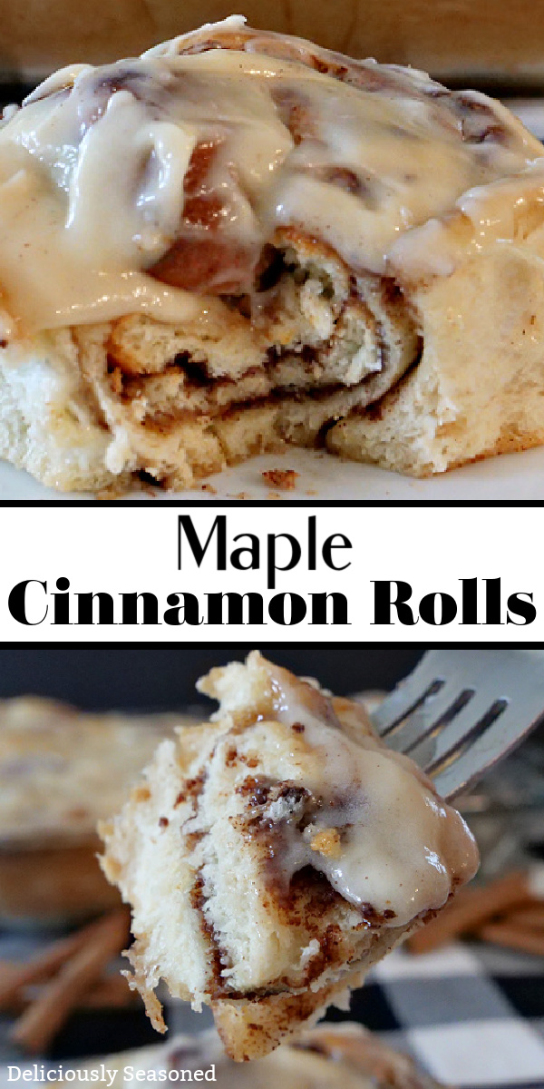 A 2 photo collage with a close up pic of a cinnamon roll topped with homemade icing with a bite taken out of it and another pic of a bite of cinnamon roll on a fork with cinnamon sticks in the background.