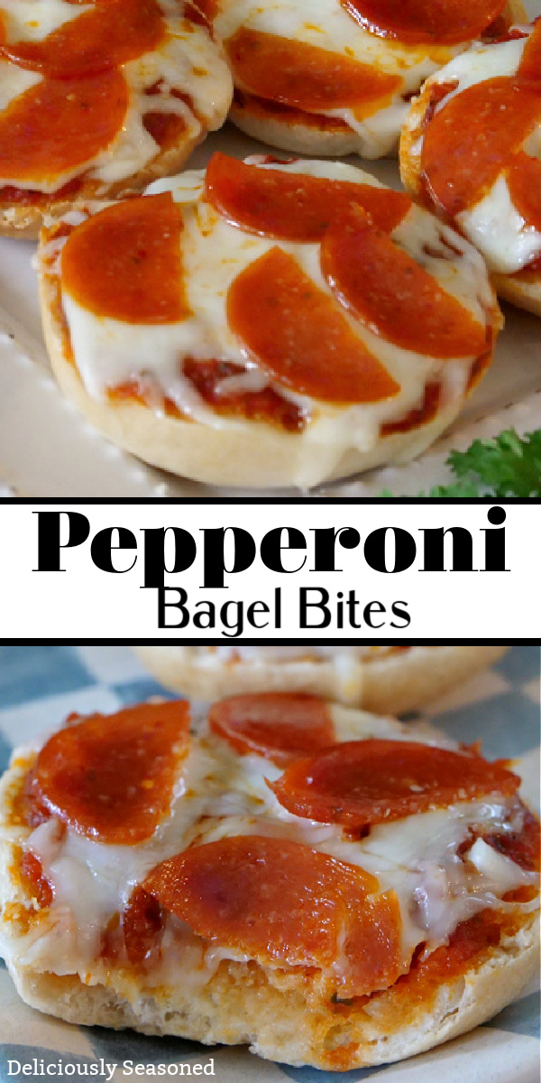 A double collage photo of mini pepperoni bagel bites and the title of the recipe in between the two photos.
