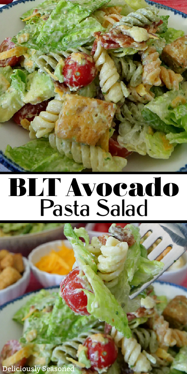 A double collage photo with a close up view of a BLT Avocado Pasta Salad and the bottom photo is lettuce, tomato, pasta, bacon on a fork.