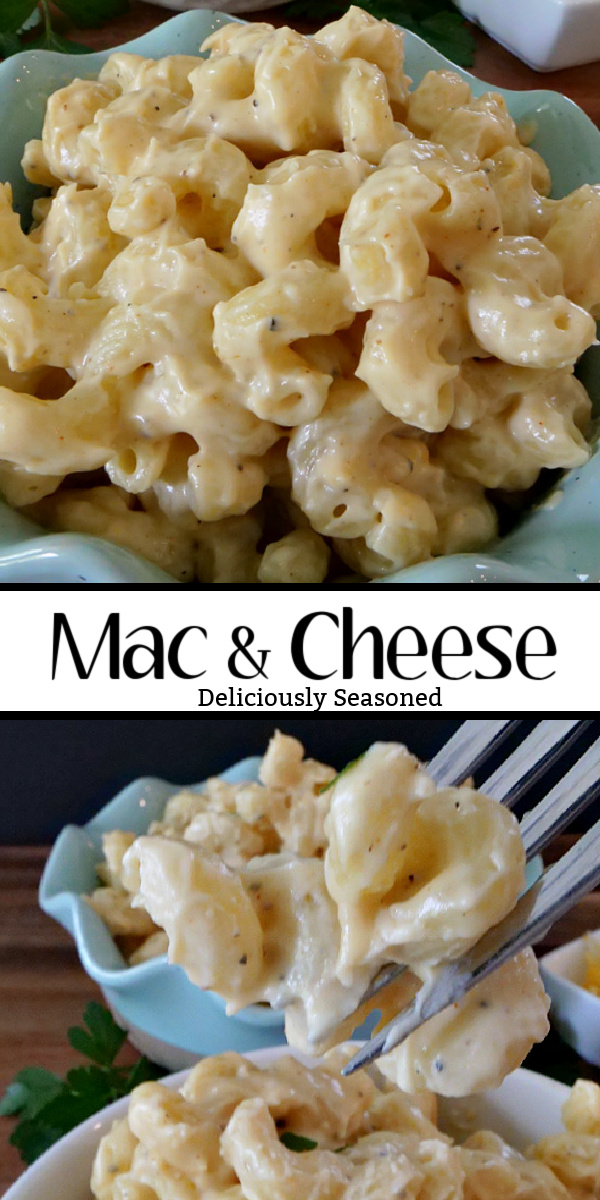 A double collage photo of mac and cheese in a teal bowl and a close up picture of a bite on mac and cheese on a fork.