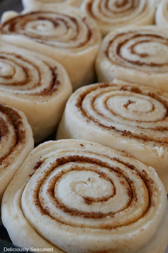 A close up photo of unbaked maple cinnamon rolls before they are baked.