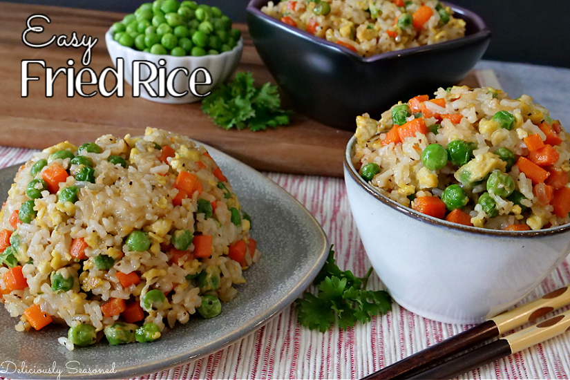 Fried Rice on a small plate and in small bowls with a bowl full of peas in the background.