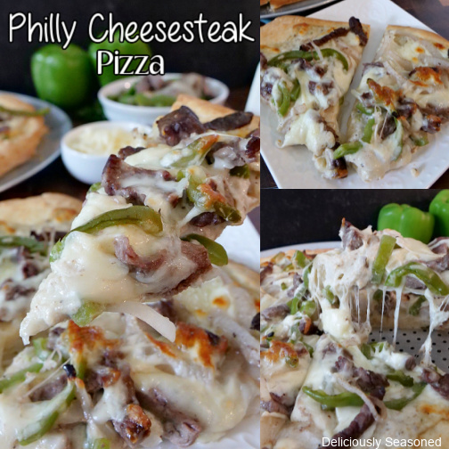 A 3 photo collage of a Philly Cheesesteak Pizza with a slice being held up above the pizza, two slices on a white plate and a slice being lifted from the pizza pan.