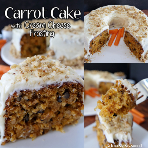 A 3 photo collage of carrot cake with cream cheese frosting, all on a white plate with the whole cake in the background and a bite of the cake on a fork.