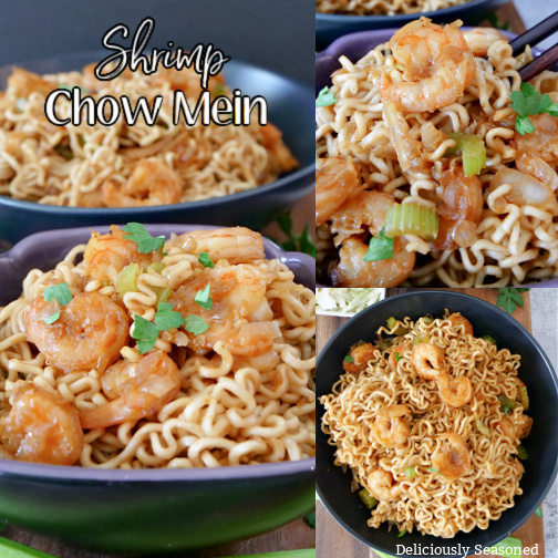 A 3 photo collage of shrimp chow mein in a purple and in a black bowl.