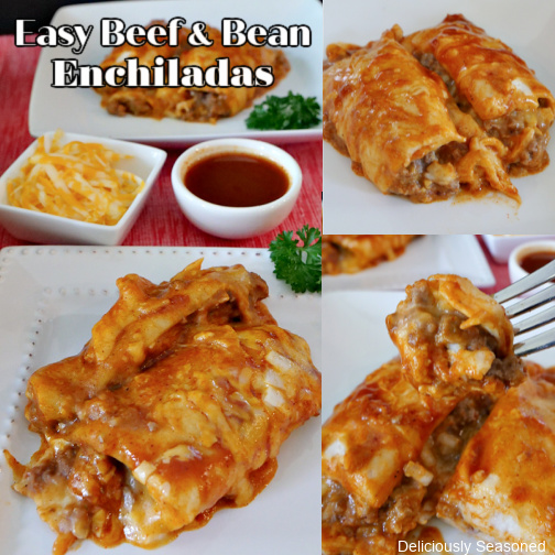 A three photo collage of beef and bean enchiladas on a white plate with small white bowls of cheese and enchilada sauce.