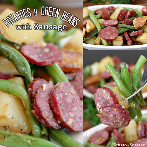 A 3 photo collage of potatoes and green beans with sausage.
