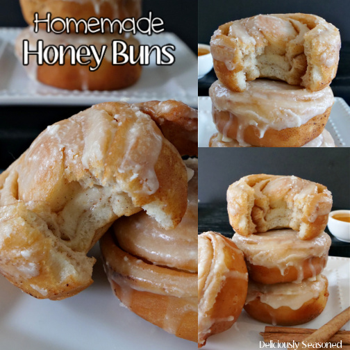A 3 photo collage of homemade honey buns stacked on top of each other, sitting on a white plate, with a small white bowl on honey on the side and cinnamon sticks in the foreground.