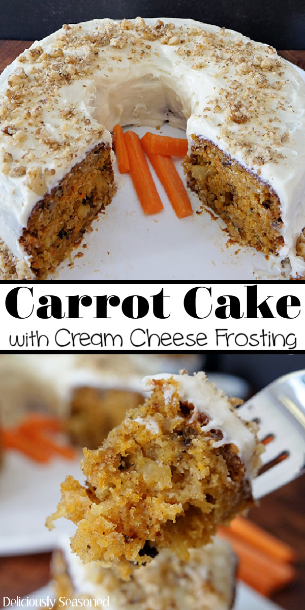 A double collage photo of a carrot cake with a piece taken out, placed on a white plate and a fork with a bite of carrot cake on it.