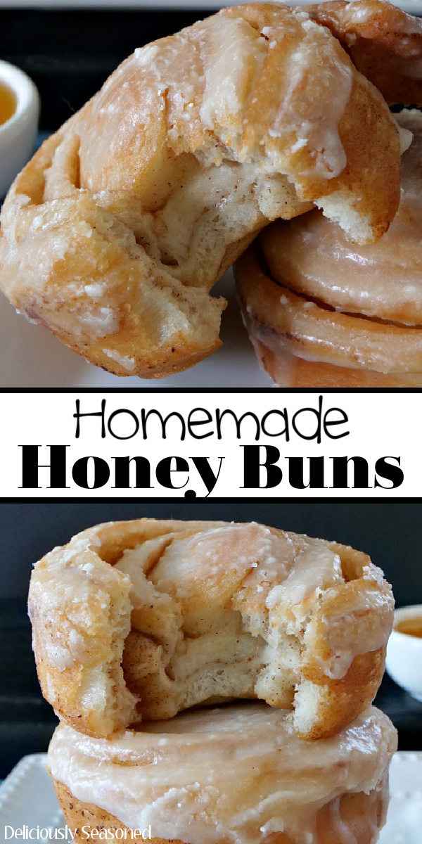 A 2 photo collage of honey buns on a white plate with a small white bowl of honey next to it.