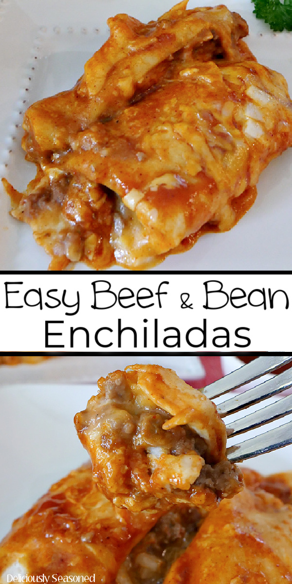 A double pin of beef and bean enchiladas on a white plate and a picture with one with a bite on a fork.