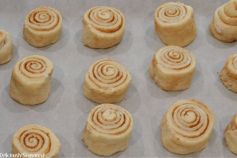 A baking sheet with 13 Homemade Honey Buns on it before it was put into the oven and baked.