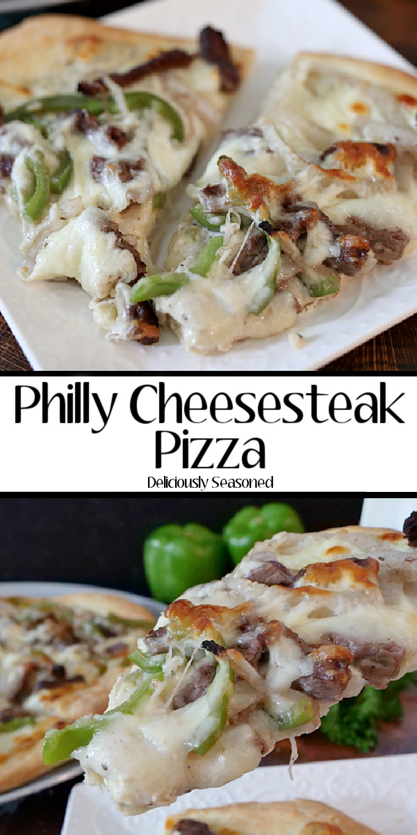 A double pin of Philly cheesesteak pizza  on a white plate and another picture with a slice being held up. 