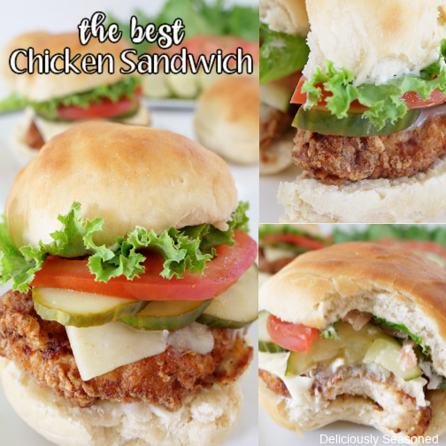 A collage of three pictures of The Best Chicken Sandwich with the title in the top left corner.