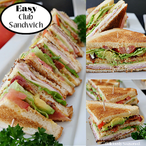 A 3 photo collage of easy club sandwiches cut into quarters, on a white plate.