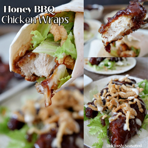 A 3 photo collage showing honey BBQ chicken wraps.