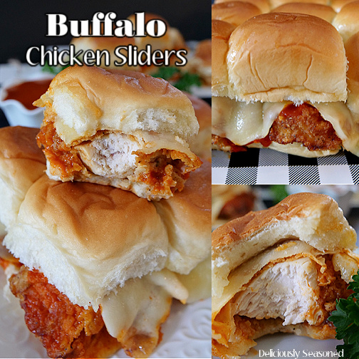 A 3 collage photo of buffalo chicken sliders on a white plate and on a black and white checkered placemat.