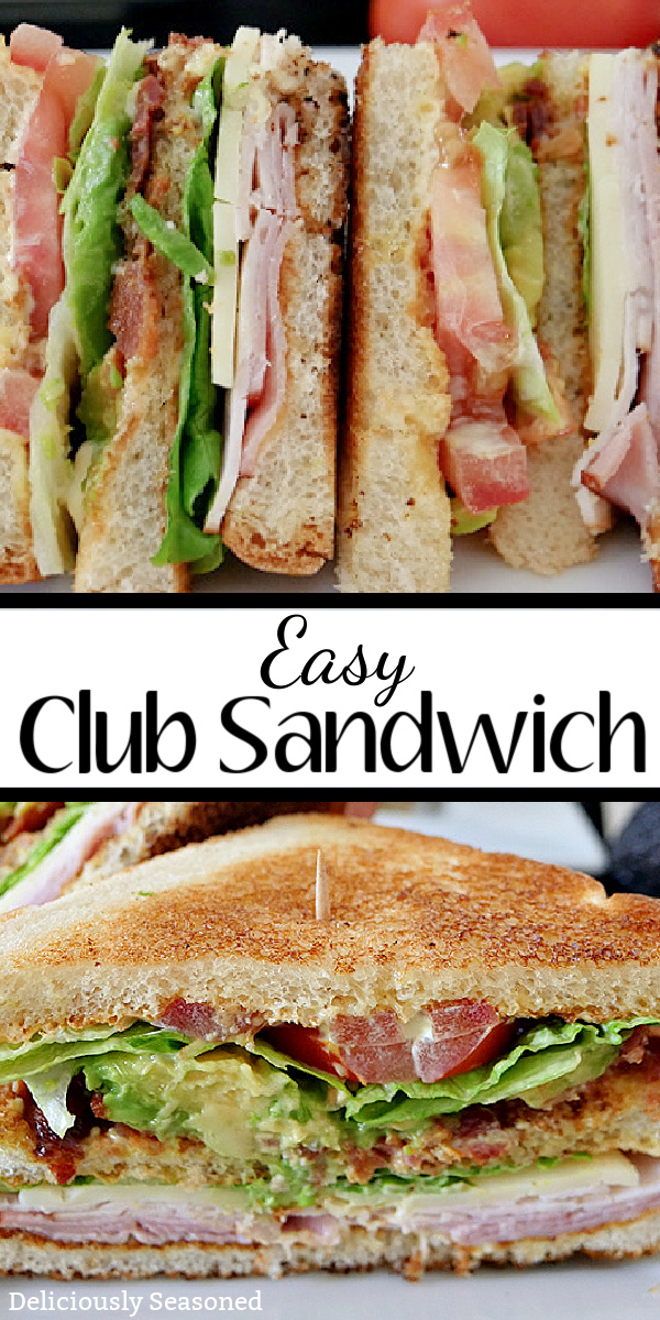 A double pin of club sandwiches cut in half, all have turkey, cheese, ham, bacon, lettuce, tomato, avocado on toasted white bread.