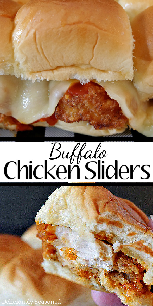A double collage photo of buffalo chicken sliders with the title of the recipe in the center of the photo.