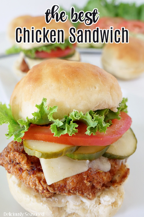 A close up picture of The Best Chicken Sandwich on a white place, showcasing the crispy fried chicken breast, melted pepper jack cheese, dill pickles, tomato slice, and leafy green lettuce, all between and deliciously baked butter bun. The title is at the top center of the picture.