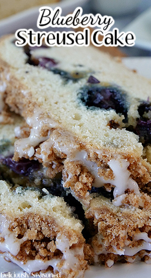 A close up photo of two slices of Blueberry Streusel Cake.