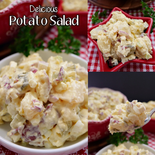A 3 collage photo of potato salad, one photo is a white serving bowl, the other photo is a spoonful of potato salad and the 3rd photo is a red star bowl filled with potato salad.