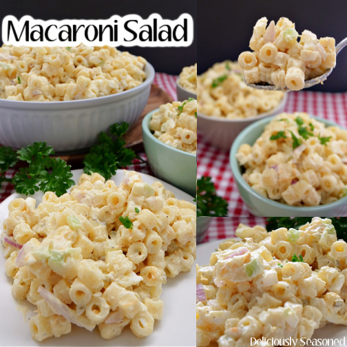 A three photo collage of macaroni salad on a white plate, with three bowls in the background, and a close up of a spoonful of macaroni salad.