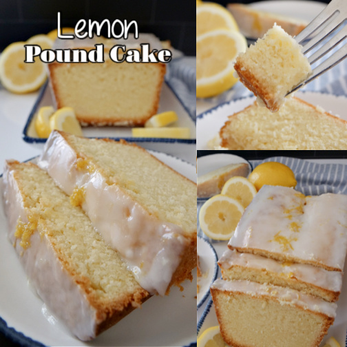 A three photo collage of lemon pound cake on a white plate with blue trim.