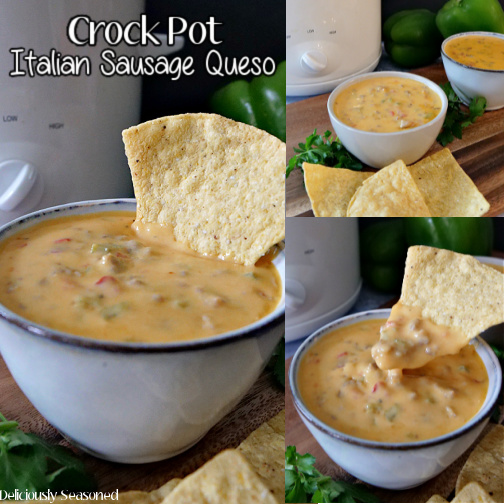 A 3 photo collage of a grey bowl filled with crock pot queso with Italian sausage with tortilla chips.
