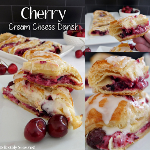A 3 collage photo of Cherry Cream Cheese Danish on a white plate with the title of the recipe at the top of the photo.